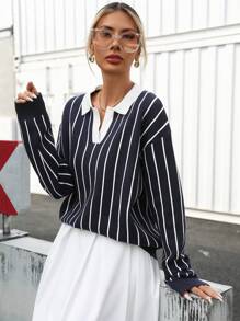 INAWLY Women's Casual Colorblock Striped Knit Sweater, Autumn/Winter Knit Pullover Fall Outfit