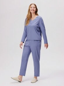 LUVLETTE 女士修身 V 领长袖长裤睡衣奢华棉质仿丝缝制女士休闲套装 - 淺藍色 - 查看 3