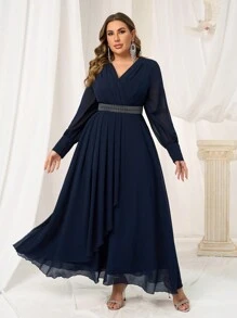 SHEIN Belle Plus Size Women V-Neck Long Sleeve Crystal Embellished Flared Formal Gown With Waist Cinching, Slimming Gown Jacquard Dress Valentine's Day Dress Valentine's Day Dress Black Cocktail Dress Women's Christmas Black Evening Dress Formal Party Dresses Autumn And Winter Black Sexy Mesh Long Sleeve Bridesmaid Dress, Semi Formal Prom Dress, For Birthday, Wedding Guest, Graduation, Homecoming - Navy Blue - View 4