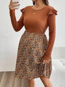 SHEIN 孕妇休闲花卉拼布长袖连衣裙，秋季 - 駝色 - 查看 1