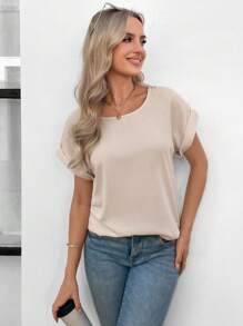 SHEIN LUNE Áo cánh tay cuộn trơn, Áo tay ngắn - Màu be - Xem 5