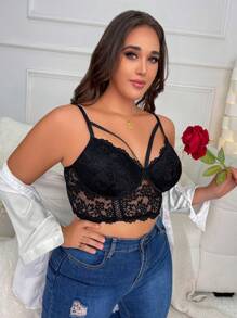 Plus Floral Lace Harness Underwire Bra Lingerie - Black - View 4