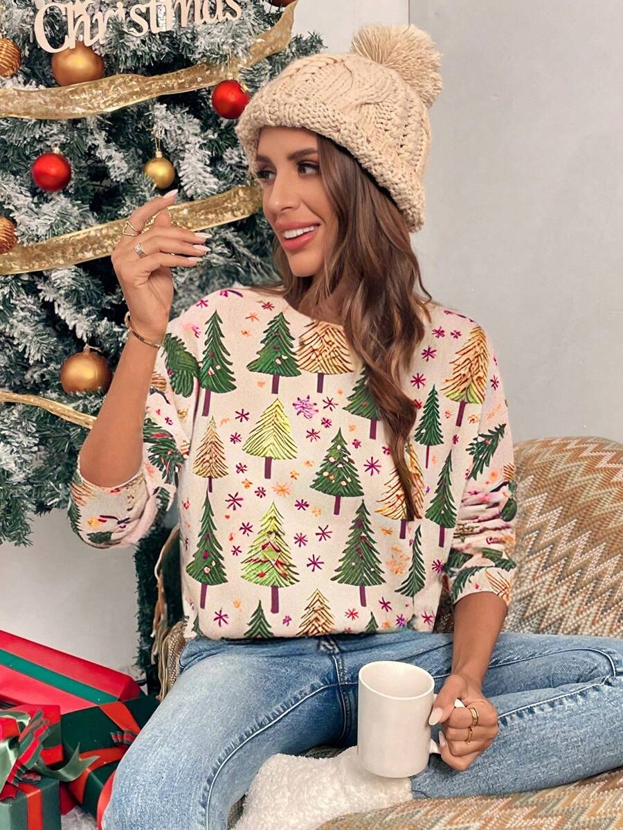 Chiquease Women's Christmas Tree Print Crew Neck Long Sleeve Sweater Knit Pullover Fall Winter Outfit - Multicolor - View 1