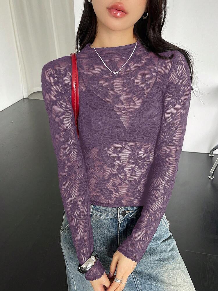 Sheer Lace Mock Neck Slim Fit Long Sleeve Blouse For Women,Fall Clothes