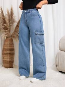 SHEIN LUNE 1 件女士休闲纯色口袋宽腿宽松牛仔裤 - 藍色 - 查看 6