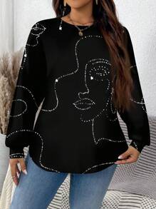 SHEIN LUNE Casual Minimalist Glitter Rhinestone Artistic Lines Portrait Plus Size Crew Neck Loose Sweatshirt - Multicolor - View 1