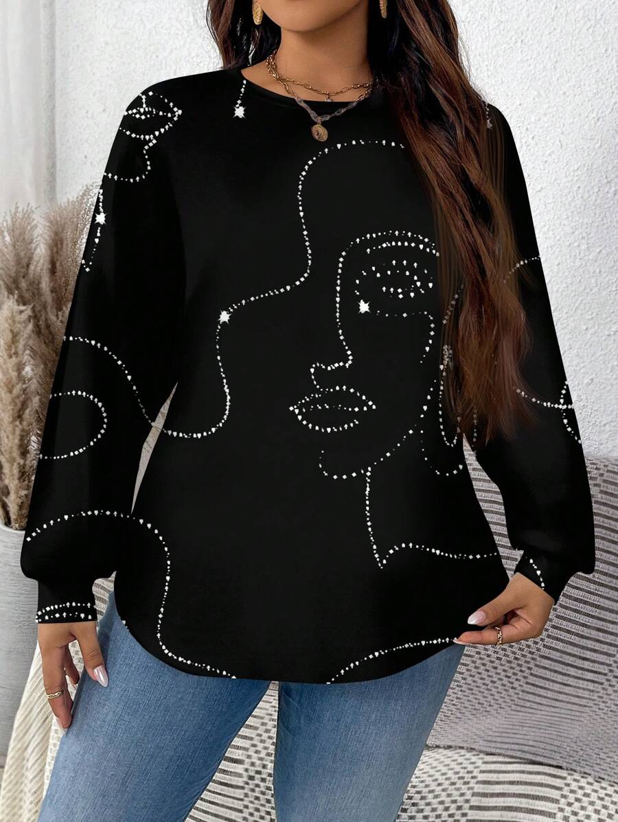 SHEIN LUNE Casual Minimalist Glitter Rhinestone Artistic Lines Portrait Plus Size Crew Neck Loose Sweatshirt - Multicolor - View 1