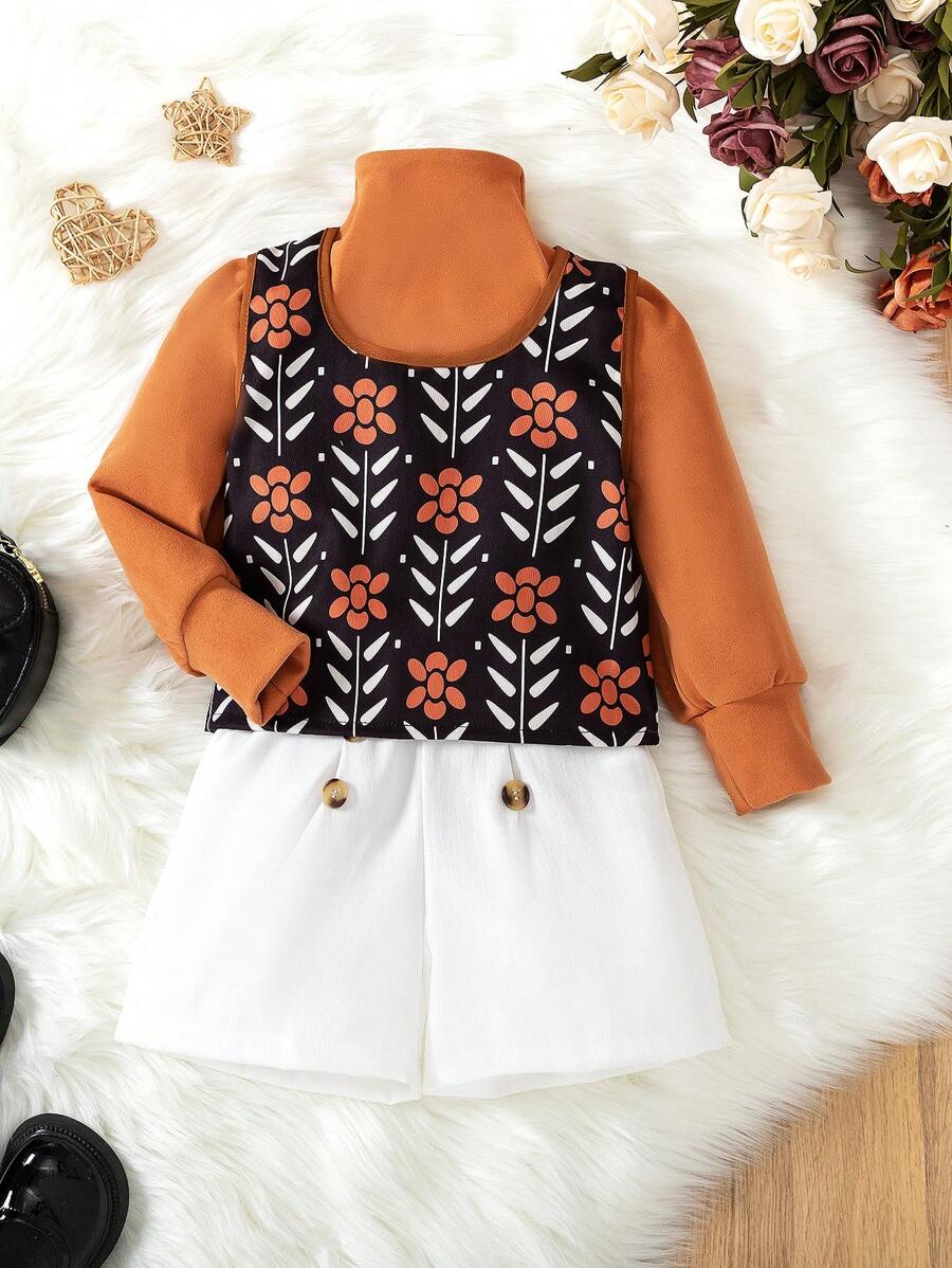 3pcs/Set Young Girl Solid Stand Collar Long Sleeve Top, Floral Print Vest And Loose Shorts Set, Casual For Autumn - Brown - View 1