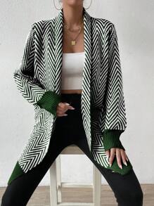 Chiquease Áo khoác cardigan dài hở phía trước họa tiết răng cưa thường ngày cho nữ, cổ khoét sâu - Nhiều màu - Xem 5