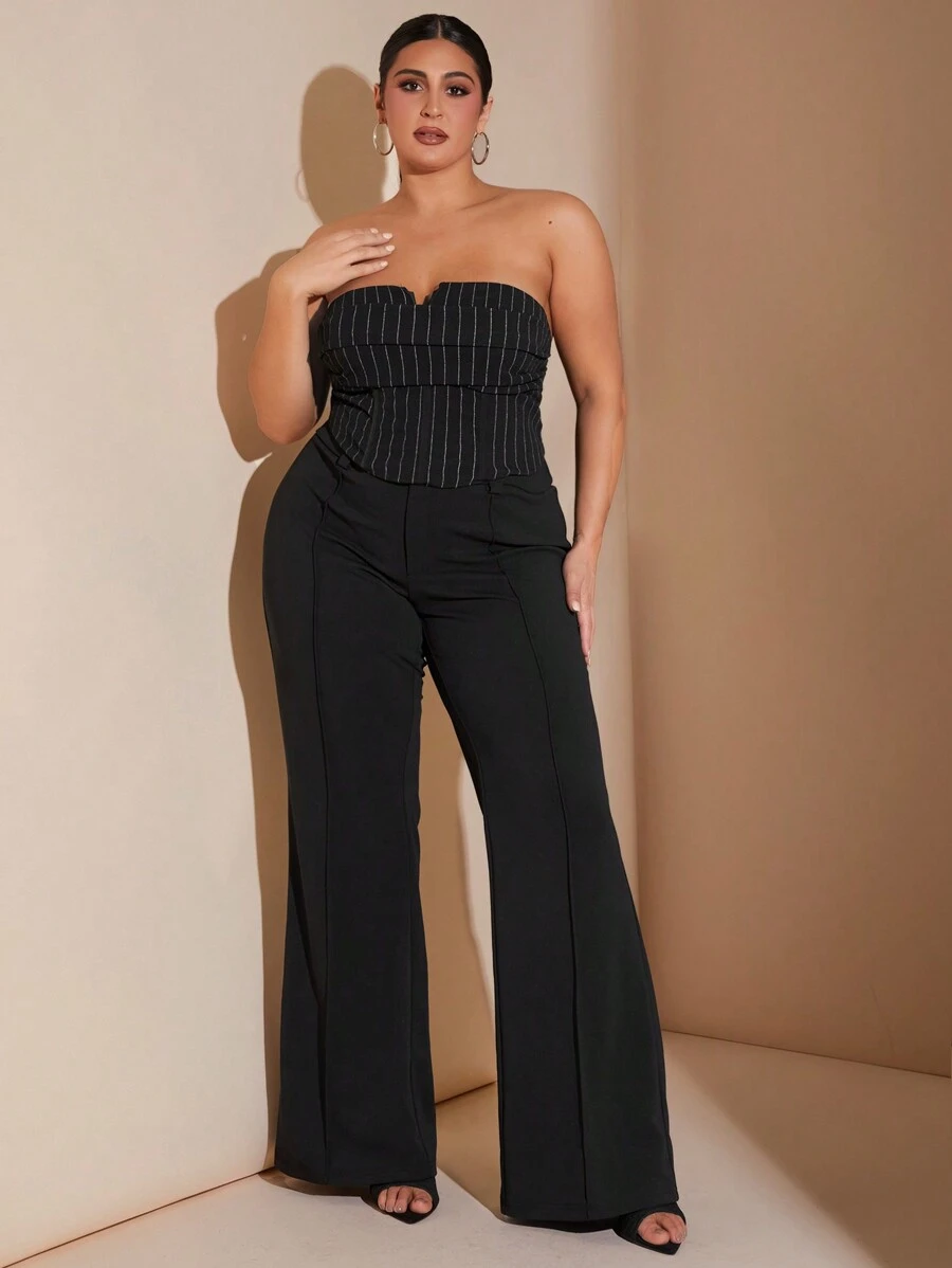 SHEIN BAE Plus Size Curve Elegant Black And White Striped Corset Tops, Summer Open Back Tanktop For Night ,Casual Commuting Crop Fall Clothes - Black - View 1