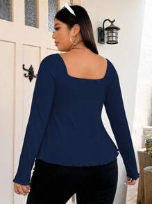 Vionelle 大码甜心领前抽绳罗纹长袖 T 恤 - 藏蓝色 - 查看 2