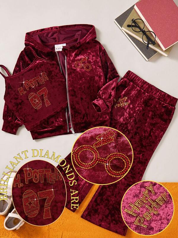 HARRY POTTER X SHEIN Set 3 bucăți pentru fetiță cu strasuri, cu litere, decor casual sport, camisole, haină cu glugă cu fermoar și pantaloni evazați din catifea, set de Crăciun toamnă/iarnă