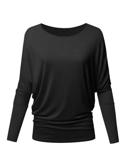 GlowEve Damen Mode Oversized Rundhals Fledermausärmel Seitlich Geraffte Langarm T-Shirt