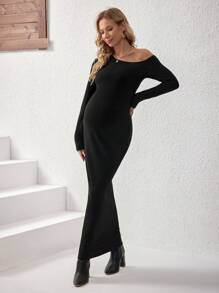 SHEIN Maternity Black Bodycon Dress, Long Sleeve, For Pregnant Women, Fall/Winter - Black - View 1