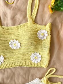 Áo len móc màu vàng đính hoa trang trí WYWH dành cho nữ và quần short trắng có dây rút màu vàng, Bộ trang phục đi nghỉ mùa thu/đông - Nhiều màu - Xem 5