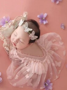 SHEIN 新生儿拍照服装套装 - 女婴向日葵网眼连体衣连衣裙，配有手工头带，适合白天穿着 - 粉色 - 查看 3