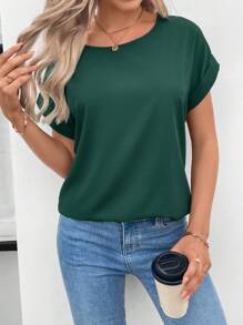 SHEIN LUNE Rolled Cuff Batwing Sleeve Blouse - Dark Green - View 6