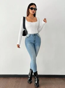 SHEIN PETITE 高弹力针织提花方领女式长袖紧身衣 - 白色 - 查看 3