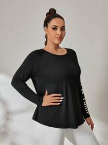 Easithlete Plus Size Women Casual Letter Print Long Sleeve Loose Sports T-Shirt, Autumn - Black - View 3