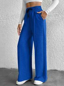 Cottnline Petite Drawstring Waist Wide Leg Pants - Royal Blue - View 5