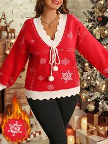 SHEIN LUNE Plus Size Women's Christmas V-Neck Drop Shoulder Snowflake Pattern Long Sleeve Loose Sweater, Autumn/Winter