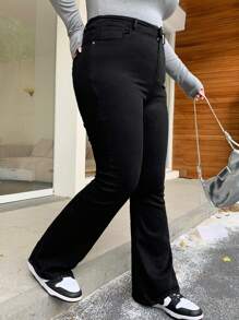 Dazy Plus Plus Size Women Solid Color Pockets Fitted Stretchy Flare Leg Long Jeans - Black - View 1