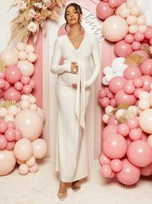 Loomaby Gender Reveal Long Sleeve Dress Maternity Elegant Simple Solid Color V-Neck Twist Front Fishtail Hem Fitted Long Sleeve Dress For Baby Shower Long Sleeve Dress For Maternity, For Maternity Dress