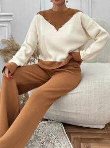 RueChic Woman Contrast Color And Pearls Detailed Regular Fit Winter Sweater Co-Ords Sweater Pants Two Piece