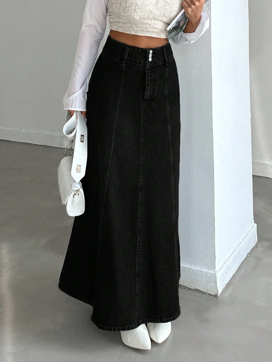 EURMUSE Casual Solid Color Long Denim Skirt, Autumn - Black - View 1