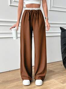 EURMUSE Women's Solid Color Patchwork Front Tie Pocket Simple Casual Pants - Brown - View 5