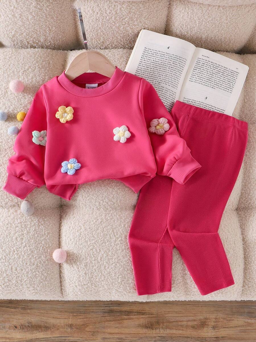 2 件装女婴休闲花卉印花针织运动衫和裤子套装，时尚可爱的秋季服装 - 玫紅色 - 查看 1