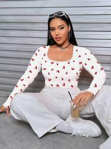 SHEIN EZwear Casual Simple Allover Cherry Print Plus Size Women Fitted T-Shirt, Spring/Autumn - White - View 4