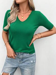 EMERY ROSE Top de punto unicolor de cuello V