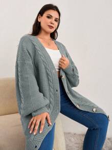 EURMUSE Plus Size Solid Color Front-Button Long Sleeve Casual Top, For Winter - Grey - View 5
