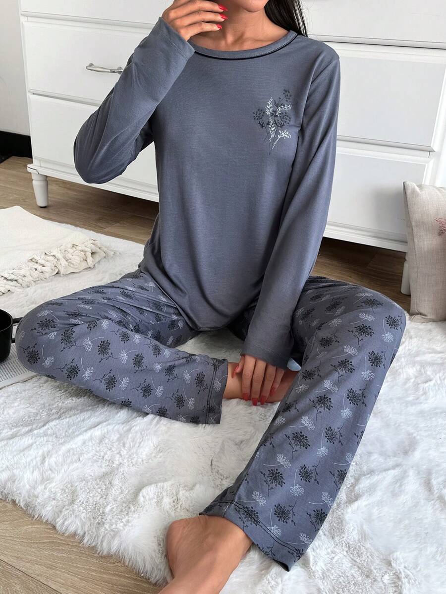 RueChic 2pcs Cotton Contrast Colour Piping&Flower Print Detail Shirt And Flower Pattern PJ Set - Dark Grey - View 1