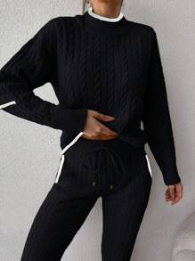 EURMUSE Women's Solid Color Knitted Sweater 2pcs/Set - Hitam - View 5