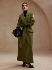 Anewsta Women's Elegant Green Mid-Length Coat, Winter Waist Cinched Lapel Outerwear, Suitable For New Year & Christmas Occasions - Olive Green - View 1