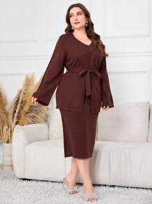 Modelyn Plus Size Women Solid Color Long Sleeve Cardigan And V-Neck Sleeveless Sweater Dress 2 Pieces Set, For Casual Wear In Autumn/Winter 2 Pieces Set Fall Cloth For Women - Coffee Brown - View 4