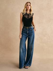 Poéselle Contrast Lace Solid Bodysuit, Elegant Style, Heart Neckline, Sleeveless, Summer Clothes - Black - View 6