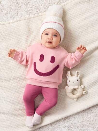 SHEIN Newborn Baby Girl 2 Pieces Set, Pink Knit Long Sleeve Crew Neck Embroidered Sweatshirt + Knit Pants, Suitable For Outings, Casual And Indoor Wear, Autumn/Winter