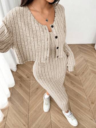 SHEIN EZwear 2pcs Set: Women Ribbed Knit Drop Shoulder Button Up Jacket With Form-Fitting Knee-Length Dress, New Arrival Autumn