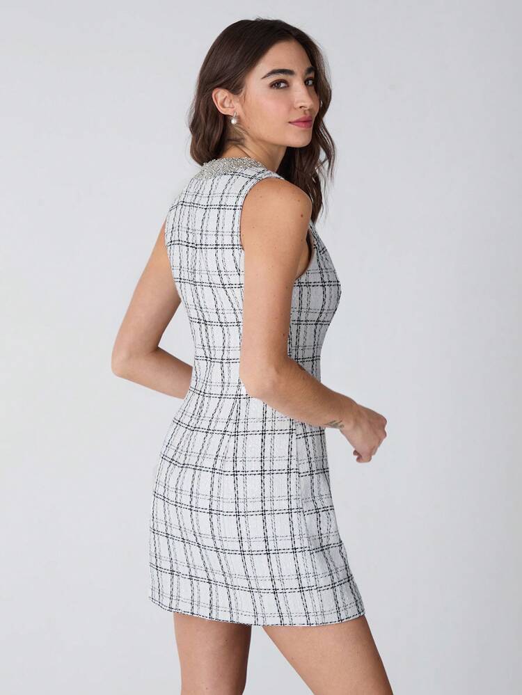 Autumn/Winter Romantic Women's White Plaid Sparkle Rhinestone Decor Round Neck Sleeveless Elegant&Fashionable Tweed Mini Dress,For Thanksgiving&Christmas Party& Sweet Date& Daily Commuting