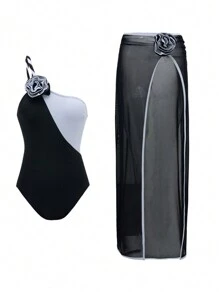 Swim Oasis 2pcs/Set Women Black & White Color Block Floral Decor One-Piece Swimsuit & Skirt Summer