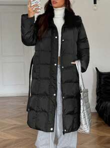 SHEIN EZwear Chaqueta larga de invierno casual con bolsillo y botones al frente de manga larga y sencilla para hombres - Negro - Ver 1