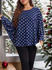 SHEIN LUNE Fall Outfits,Plus Size Allover Print Crew Neck Long Sleeve Casual Blouse New Years Women Outfit Holiday Outfit Sequin/Sparkly - Navy Blue - View 5