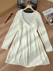 SHEIN Frenchy Plus Size Elegant Commute Office Professional Refined High-End Venue Exquisite Afternoon Tea Small Sexy Date Music Concert Party Home Women Chest Bowknot A-Line Long Sleeve Sweater Dress, Mini, Holiday, New Year, Party, Office, Elegant - Apricot - View 5