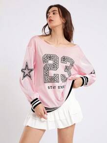 SHEIN EZwear Casual Sports V-Neck Long Sleeve Knitted Pink Mesh Jersey Sweatshirt With Letter & Number Print And Drop Shoulders For Ball Games