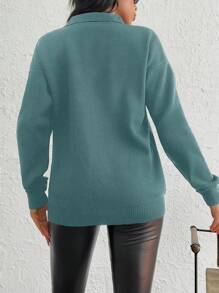 Áo len dệt kim rộng rãi thả vai thường ngày cho nữ có cổ bẻ - Màu xanh Cadet - Xem 2