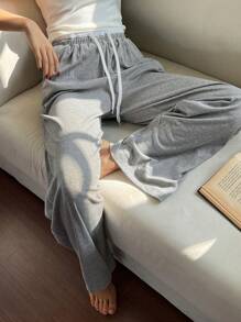DAZY 宽松款拼色腰带设计家居裤 - 灰色 - 查看 5