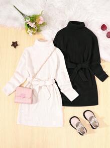 2 sztuki dziewczęcej sukienki polo w jednolitym kolorze, dopasowanej, z długim rękawem i kołnierzykiem - Czarne i Białe - Zobacz 1